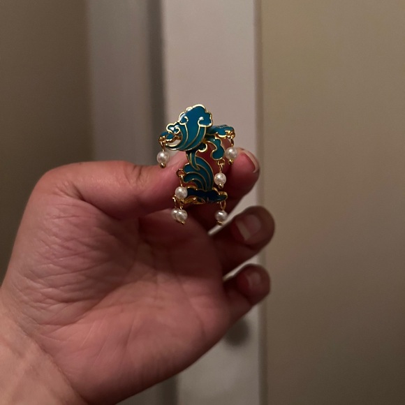 Chinese Vintage Qing Dynasty Blue Cloud & Pearl Hoop Earrings - Picture 6 of 7